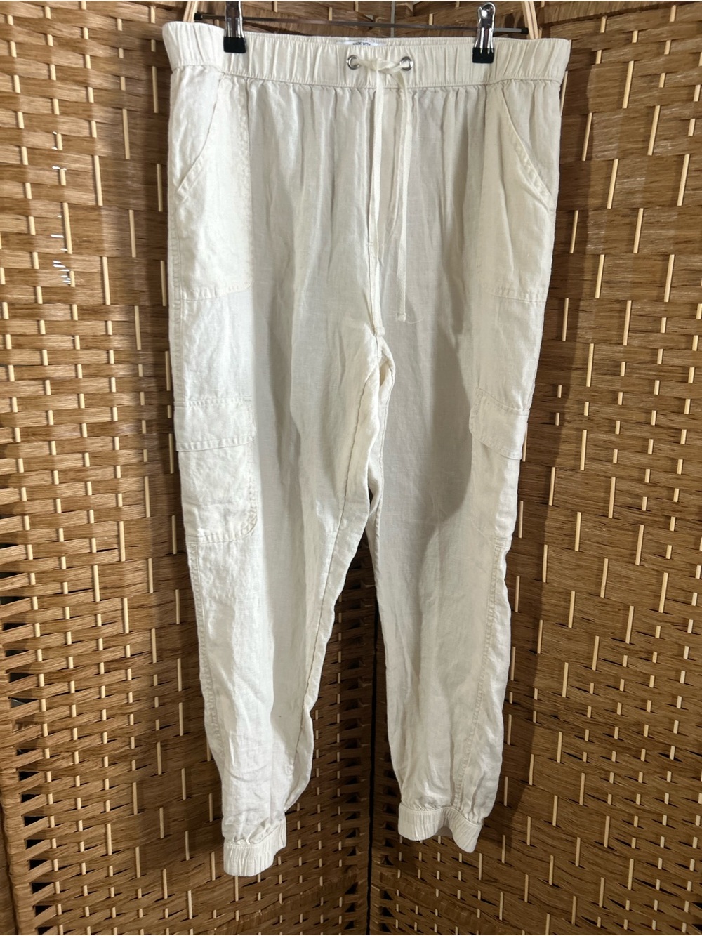100% Linen Cargo Jogger Pants Ivory Pull On Coastal Nicole Miller L